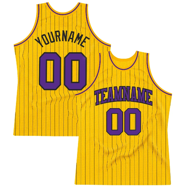 Basketball Jersey With Limited Editions-Custom Gold Black Pinstripe Purple Authentic Basketball Jersey