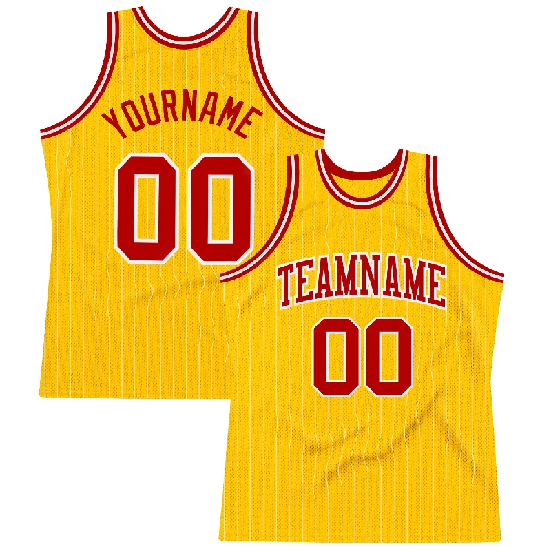 Basketball Jersey With Team Logos-Custom Gold White Pinstripe Red Authentic Basketball Jersey