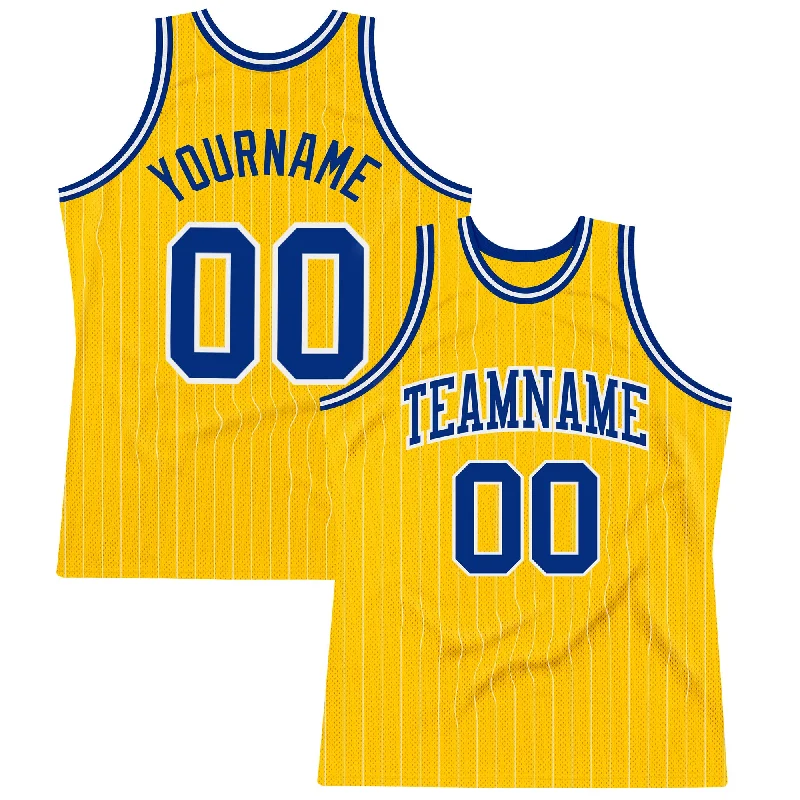 Basketball Jersey For Kids’ Sizes-Custom Gold White Pinstripe Royal Authentic Basketball Jersey