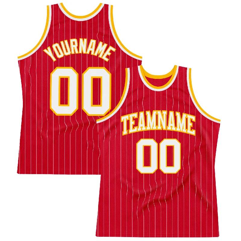 Basketball Jersey For Daytime Play-Custom Red White Pinstripe White-Gold Authentic Basketball Jersey