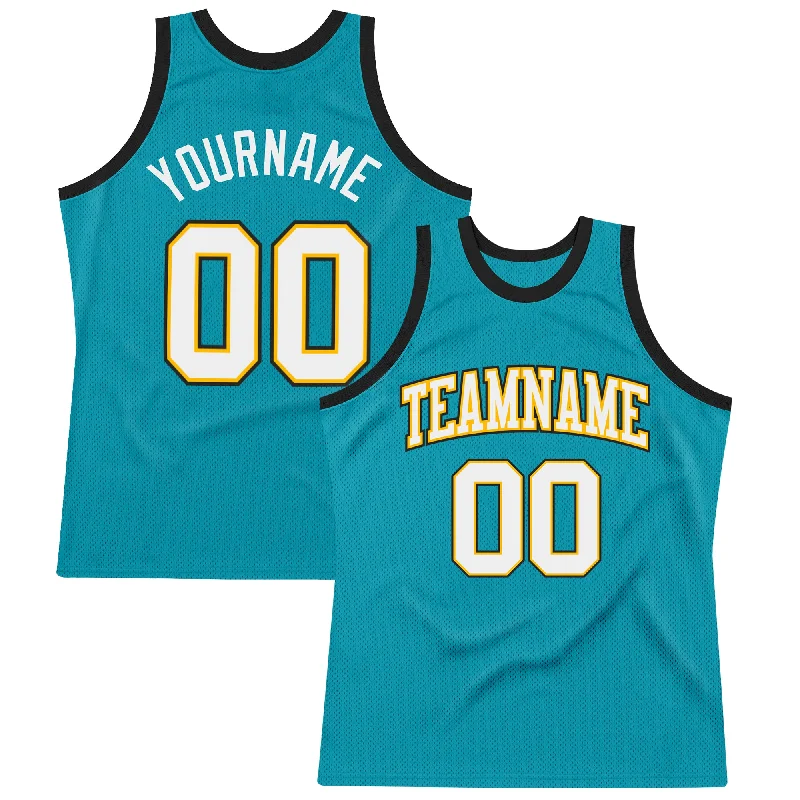 Basketball Jersey For Night Games-Custom Teal White Gold-Black Authentic Throwback Basketball Jersey