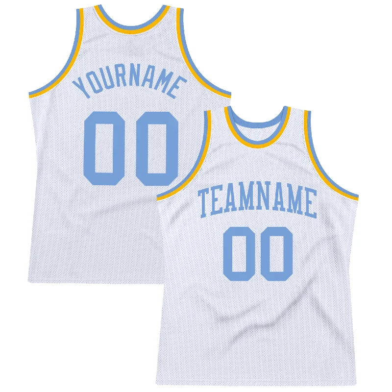 Basketball Jersey For Local Clubs-Custom White Light Blue-Gold Authentic Throwback Basketball Jersey