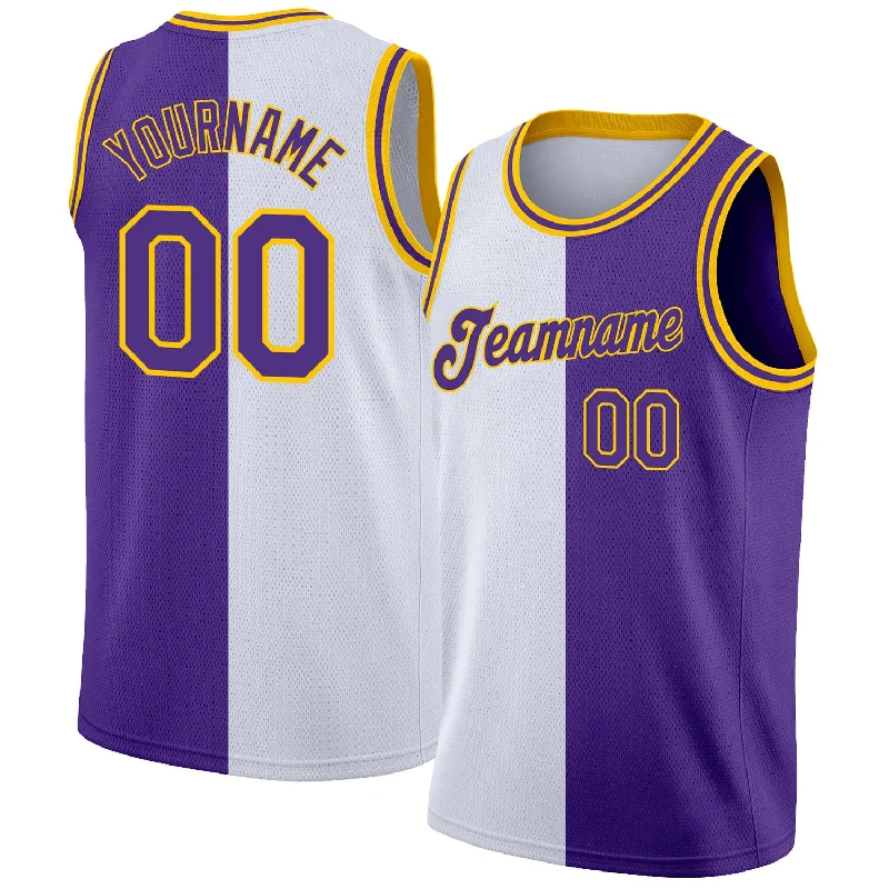 Basketball Jersey For Indoor Games-Custom White Purple-Gold Authentic Split Fashion Basketball Jersey