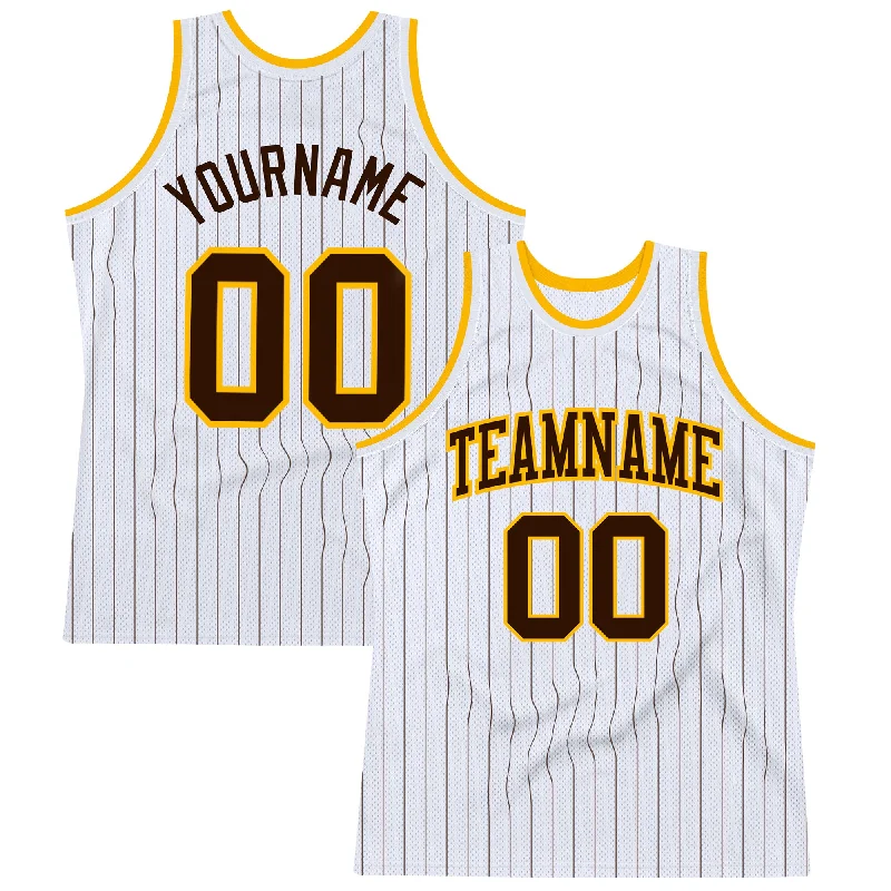 Basketball Jersey With Eco-Friendly Materials-Custom White Brown Pinstripe Brown-Gold Authentic Basketball Jersey