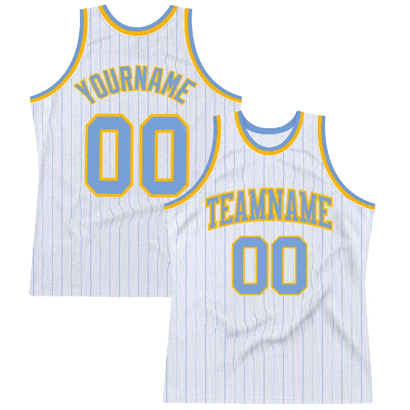 Basketball Jersey For Small Forwards-Custom White Light Blue Pinstripe Light Blue-Gold Authentic Basketball Jersey