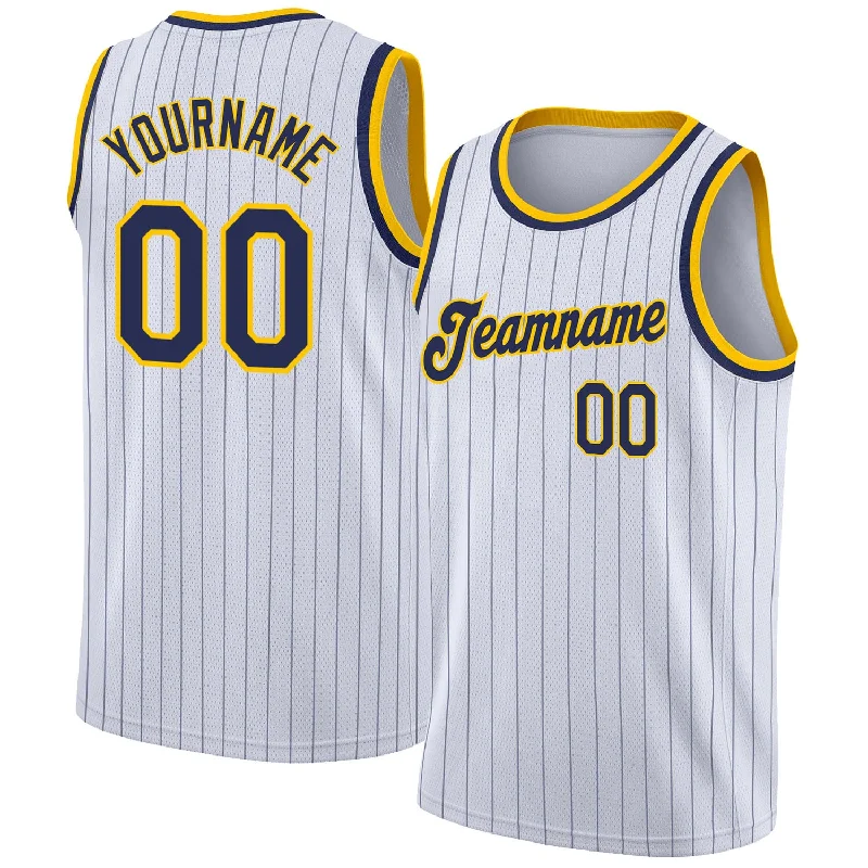 Basketball Jersey With Authentic Tags-Custom White Navy Pinstripe Navy-Gold Authentic Basketball Jersey