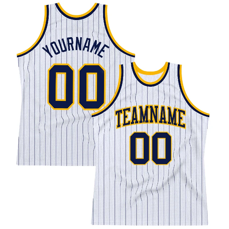 Basketball Jersey For Home Games-Custom White Navy Pinstripe Navy-Gold Authentic Basketball Jersey