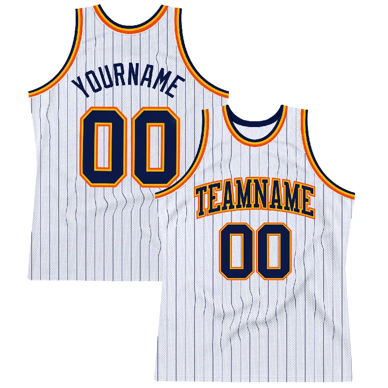 Basketball Jersey For Casual Fans-Custom White Navy Pinstripe Navy Gold-Orange Authentic Basketball Jersey