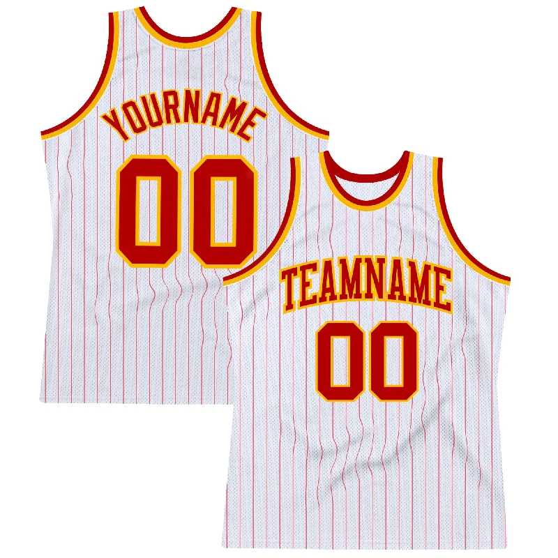 Basketball Jersey With High-Tech Fabric-Custom White Red Pinstripe Red-Gold Authentic Basketball Jersey