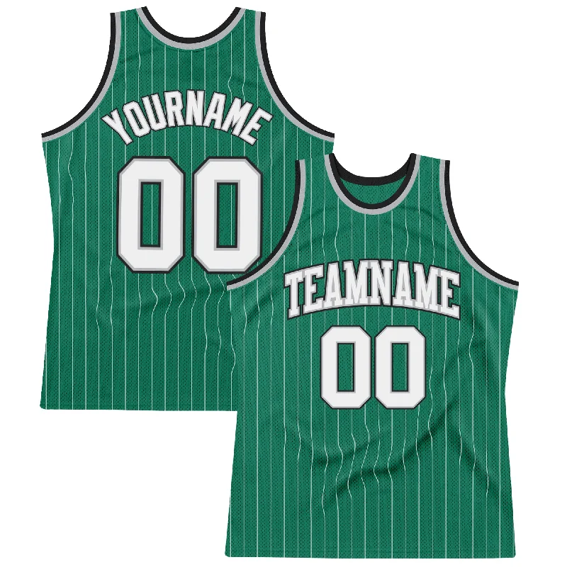 Basketball Jersey With Replica Designs-Custom Kelly Green White Pinstripe White Gray-Black Authentic Basketball Jersey