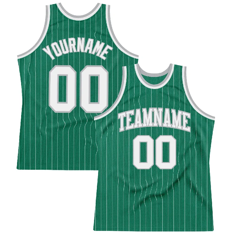 Basketball Jersey With Smart Design-Custom Kelly Green White Pinstripe White-Gray Authentic Basketball Jersey