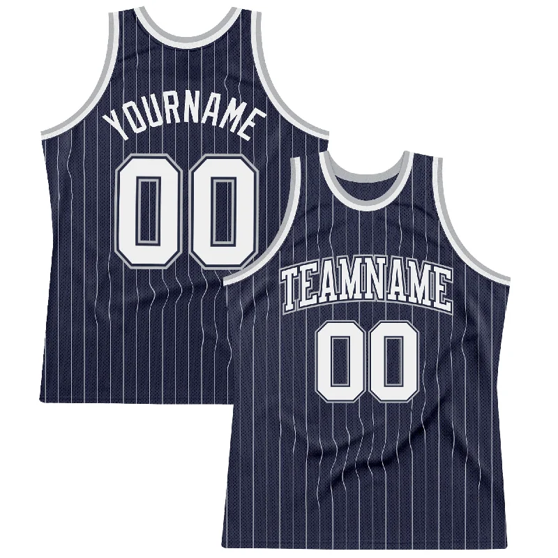 Basketball Jersey For Baby Fans-Custom Navy White Pinstripe White-Gray Authentic Basketball Jersey