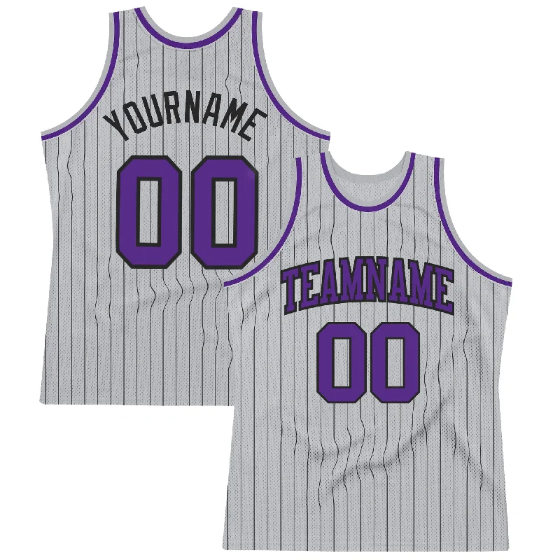 Basketball Jersey With Flexible Fit-Custom Gray Black Pinstripe Purple Authentic Basketball Jersey