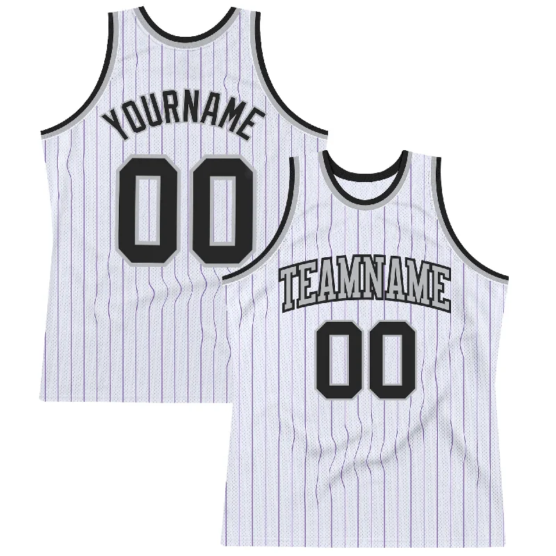 Basketball Jersey For Local Clubs-Custom White Purple Pinstripe Black-Gray Authentic Basketball Jersey