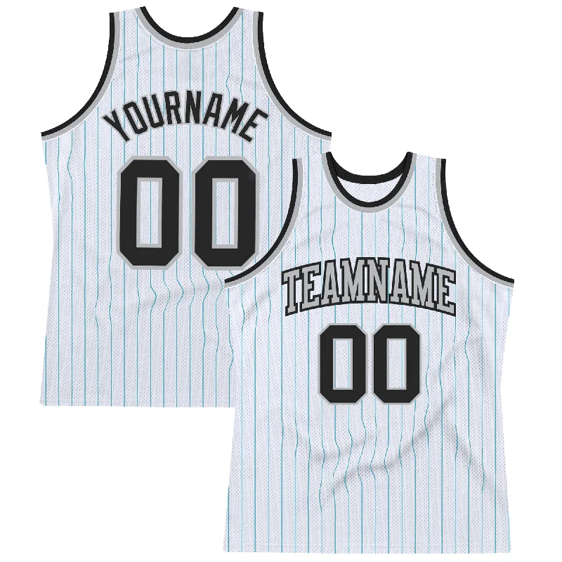 Basketball Jersey With Team Colors-Custom White Teal Pinstripe Black-Gray Authentic Basketball Jersey