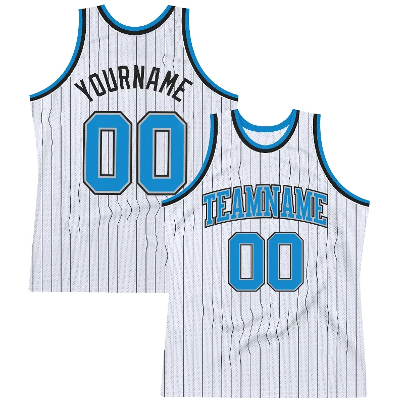 Basketball Jersey By Puma-Custom White Black Pinstripe Blue-Gray Authentic Basketball Jersey