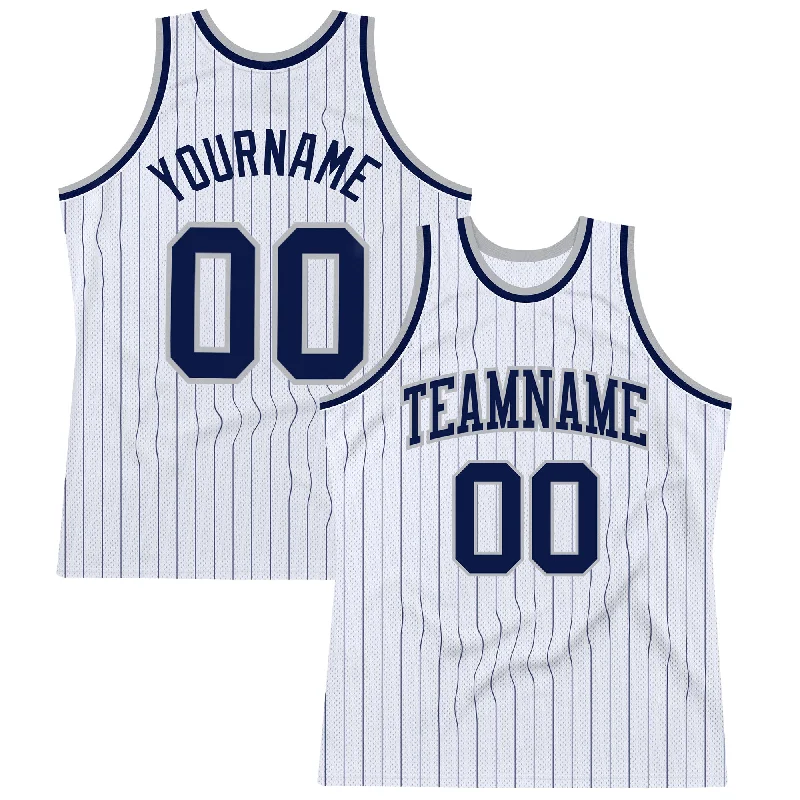 Basketball Jersey With Group Discounts-Custom White Navy Pinstripe Navy-Gray Authentic Basketball Jersey