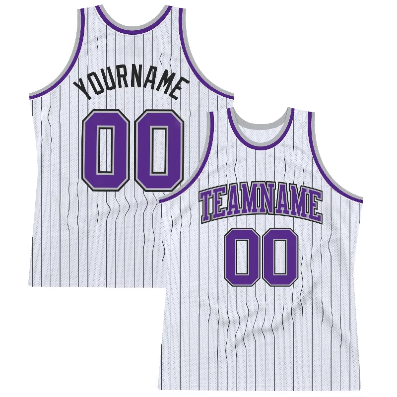 Basketball Jersey With Vintage Designs-Custom White Black Pinstripe Purple-Gray Authentic Basketball Jersey