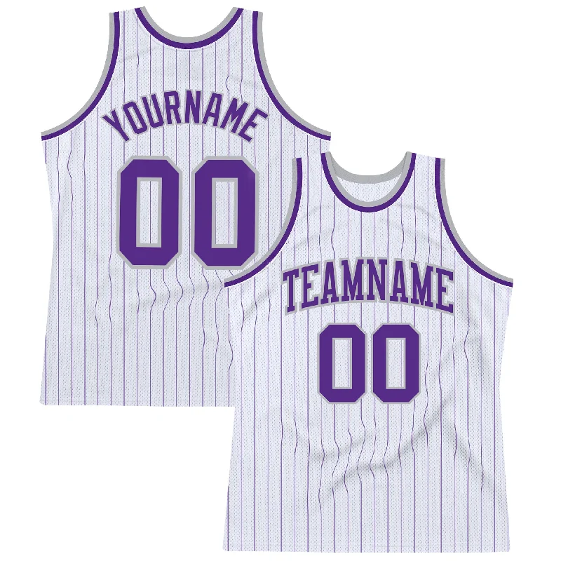 Basketball Jersey With Custom Numbers-Custom White Purple Pinstripe Purple-Gray Authentic Basketball Jersey