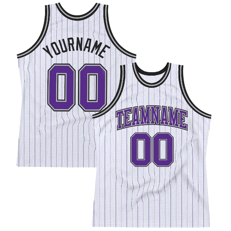 Basketball Jersey With Reflective Details-Custom White Purple Pinstripe Purple Gray-Black Authentic Basketball Jersey