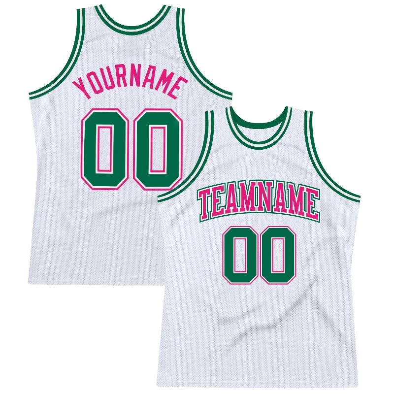 Basketball Jersey With Slim Fit-Custom White Kelly Green-Hot Pink Authentic Throwback Basketball Jersey