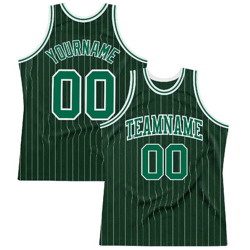 Basketball Jersey With Green Accents-Custom Hunter Green White Pinstripe Kelly Green Authentic Basketball Jersey