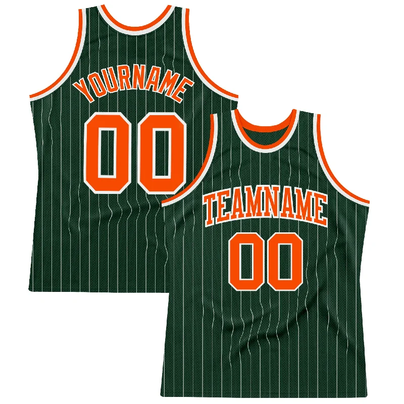 Basketball Jersey For Cyber Monday-Custom Hunter Green White Pinstripe Orange Authentic Basketball Jersey