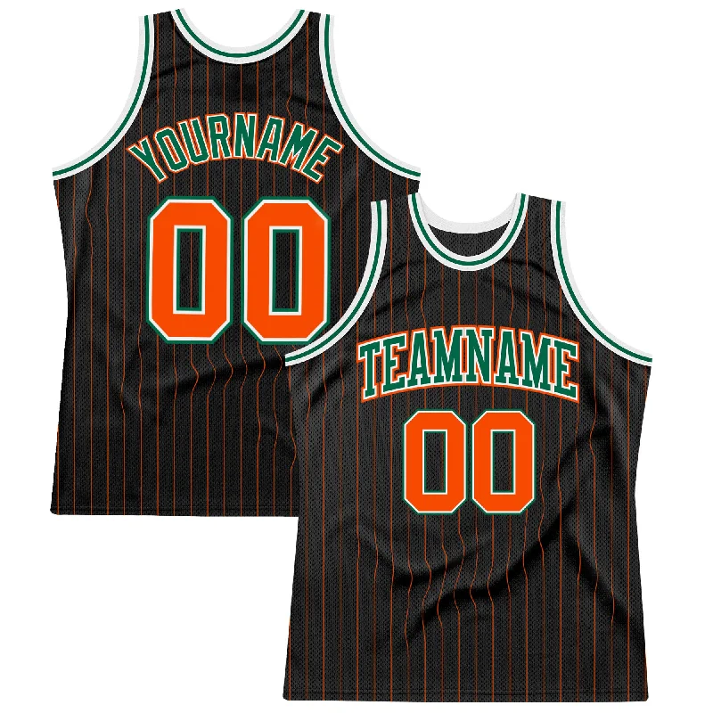 Basketball Jersey For High School Players-Custom Black Orange Pinstripe Orange-Kelly Green Authentic Basketball Jersey