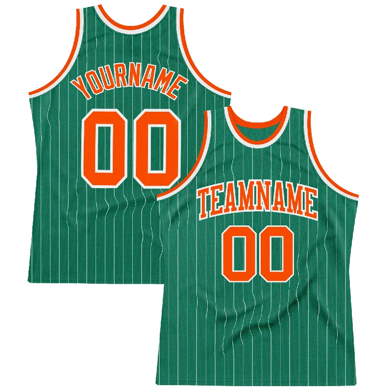 Basketball Jersey For Travel Fans-Custom Kelly Green White Pinstripe Orange Authentic Basketball Jersey