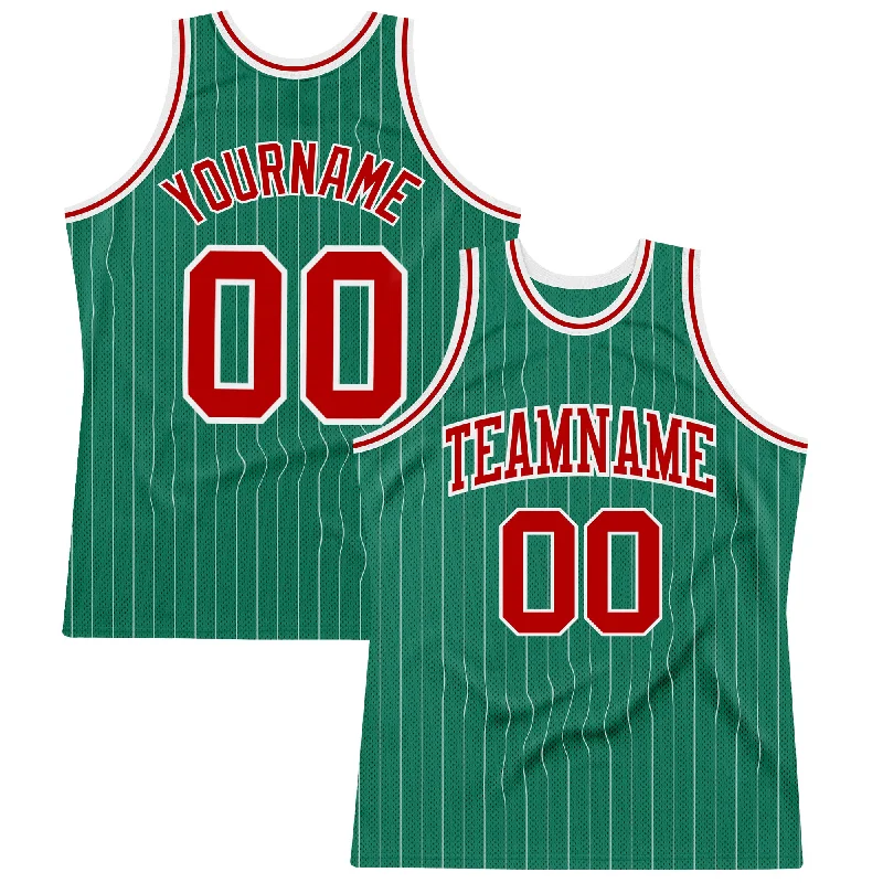 Basketball Jersey For Quick Moves-Custom Kelly Green White Pinstripe Red Authentic Basketball Jersey