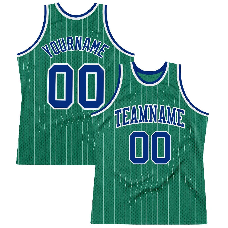 Basketball Jersey With Legacy Prints-Custom Kelly Green White Pinstripe Royal Authentic Basketball Jersey