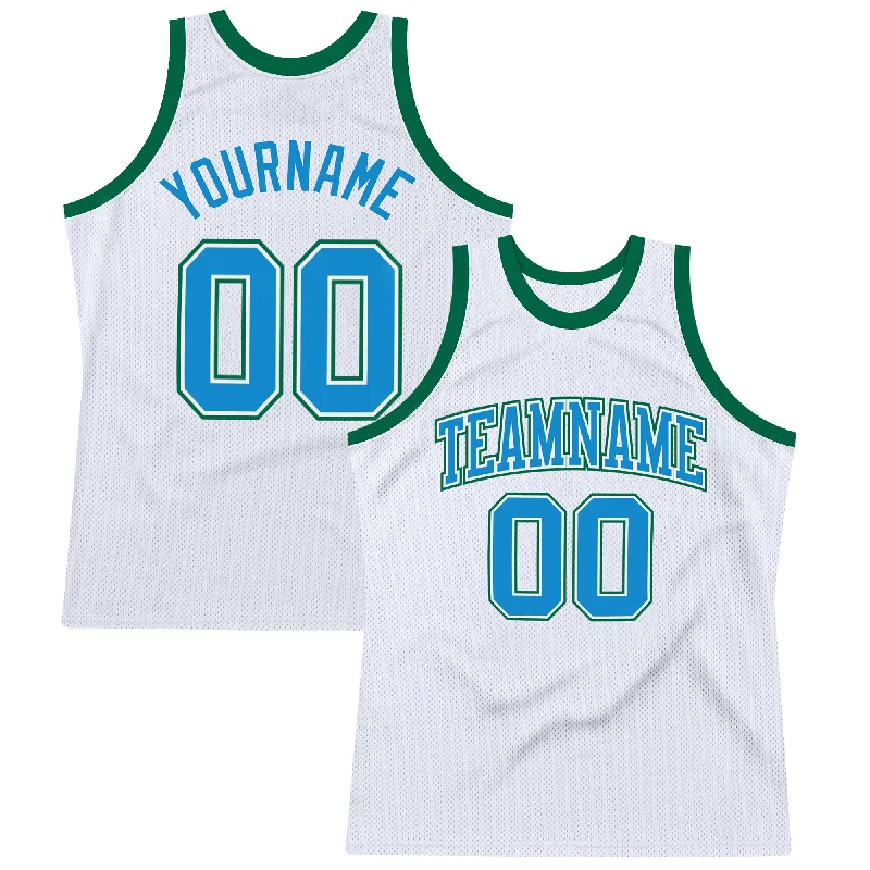 Basketball Jersey For Authentic Feel-Custom White Blue-Kelly Green Authentic Throwback Basketball Jersey