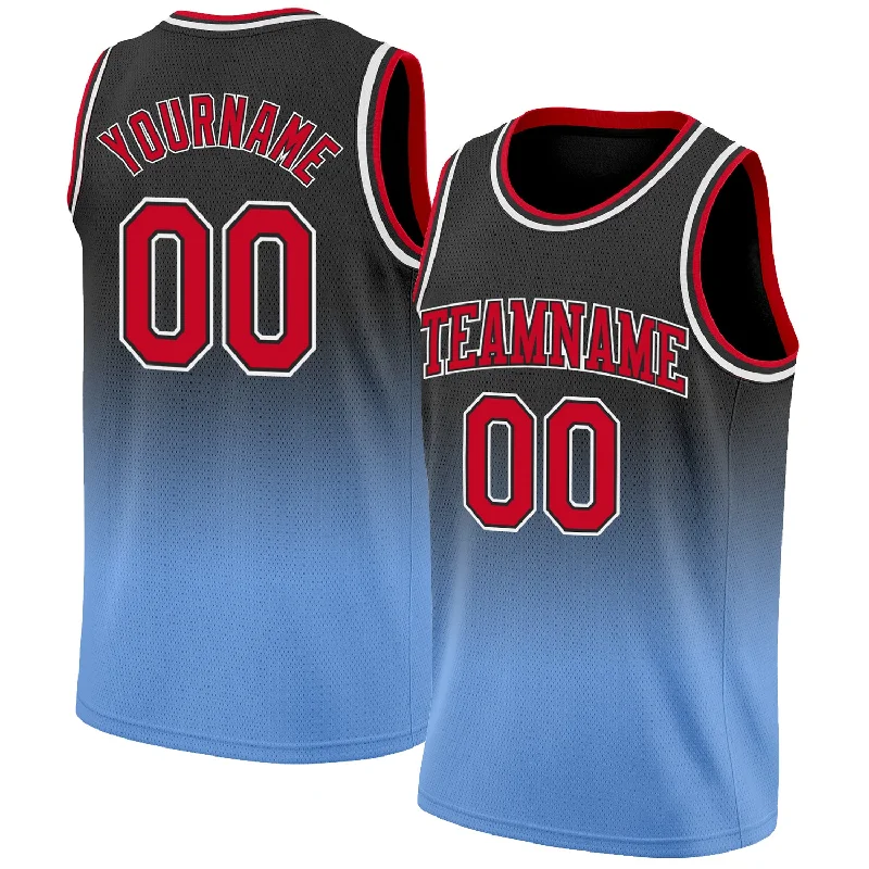 Basketball Jersey For Easy Washing-Custom Black Red-Light Blue Authentic Fade Fashion Basketball Jersey