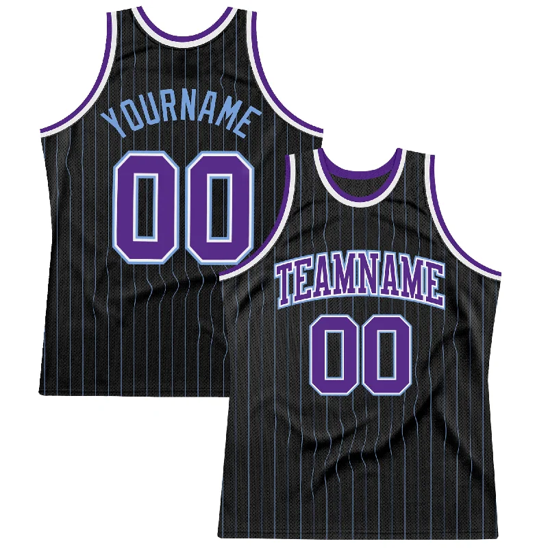 Basketball Jersey For Rough Play-Custom Black Light Blue Pinstripe Purple-Light Blue Authentic Basketball Jersey