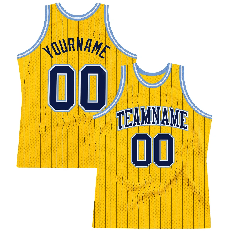 Basketball Jersey In White-Custom Gold Navy Pinstripe Navy-Light Blue Authentic Basketball Jersey