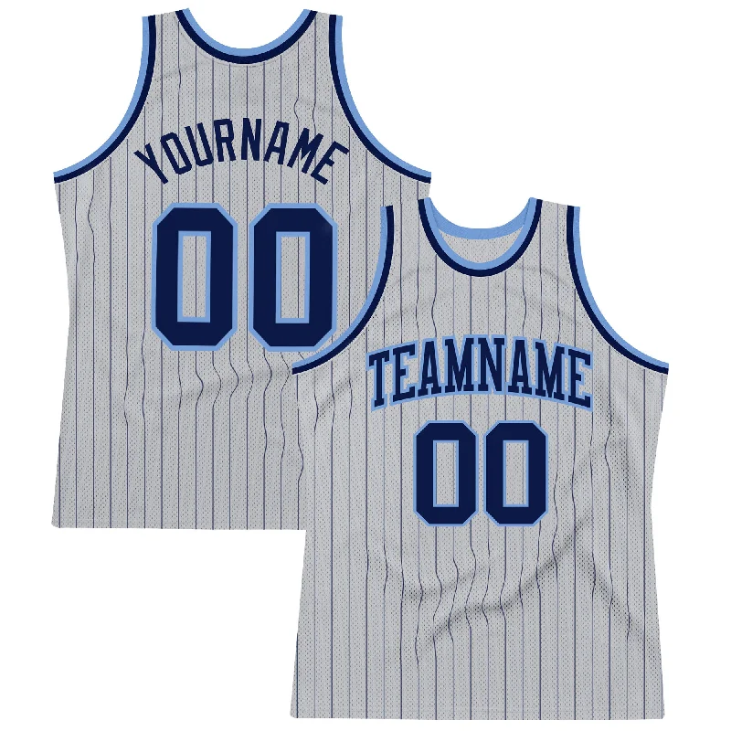 Basketball Jersey With Team Logos-Custom Gray Navy Pinstripe Navy-Light Blue Authentic Basketball Jersey