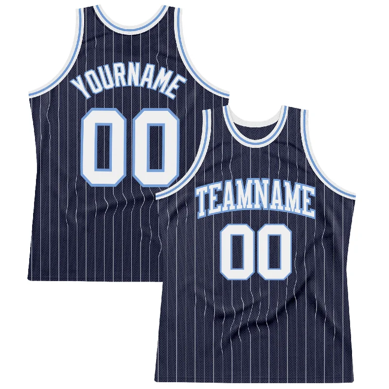 Basketball Jersey For Night Games-Custom Navy White Pinstripe White-Light Blue Authentic Basketball Jersey