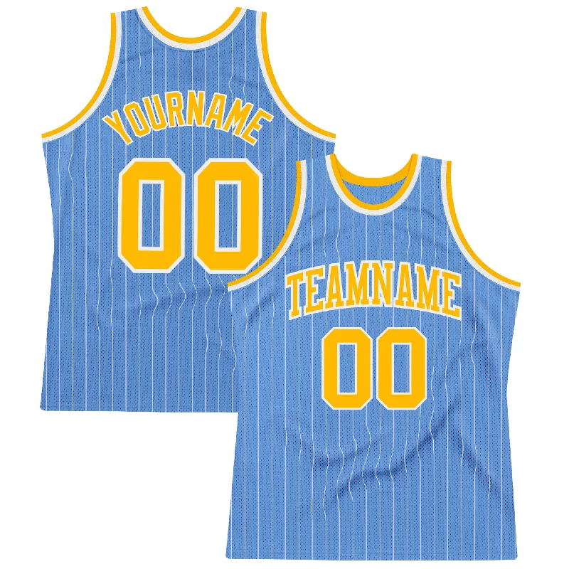 Basketball Jersey With High Ratings-Custom Light Blue White Pinstripe Gold Authentic Basketball Jersey