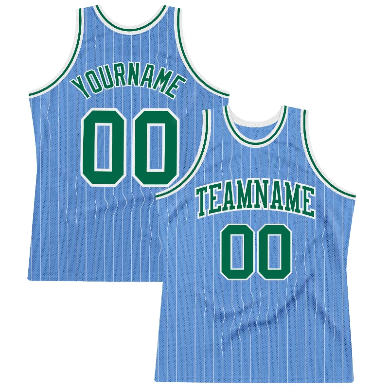 Basketball Jersey With Social Media Hype-Custom Light Blue White Pinstripe Kelly Green Authentic Basketball Jersey