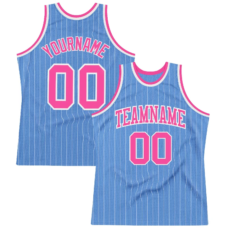 Basketball Jersey With Casual Appeal-Custom Light Blue White Pinstripe Pink Authentic Basketball Jersey