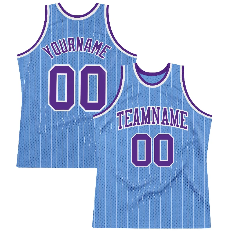 Basketball Jersey With Subtle Prints-Custom Light Blue White Pinstripe Purple Authentic Basketball Jersey