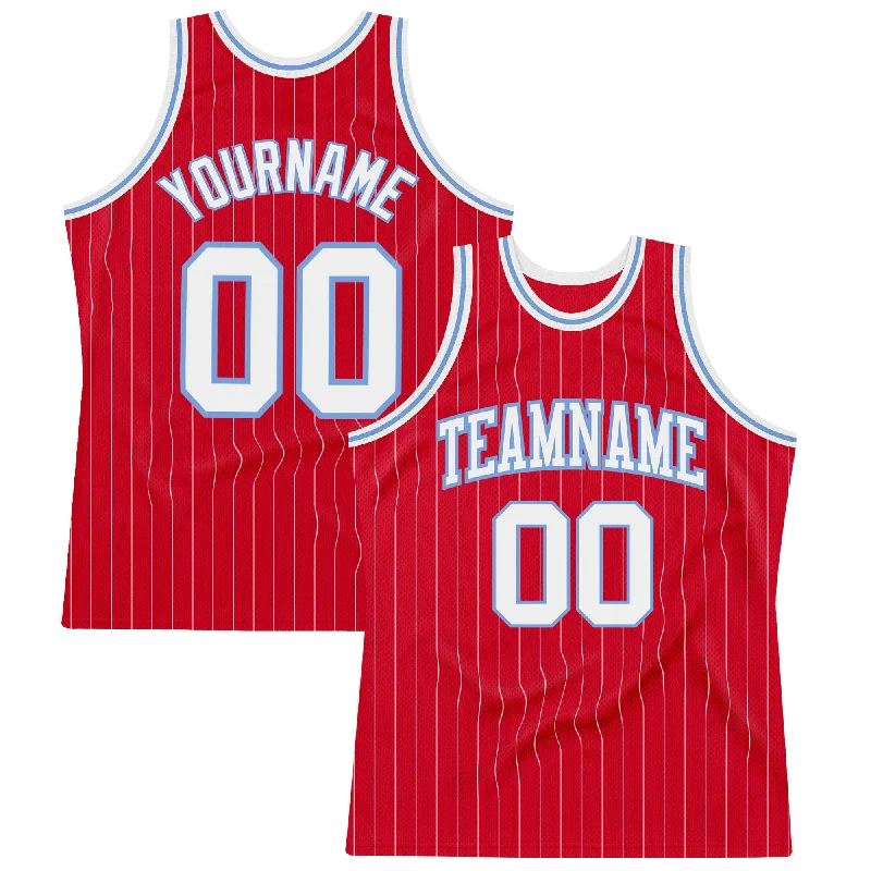 Basketball Jersey For Rival Games-Custom Red White Pinstripe White-Light Blue Authentic Basketball Jersey