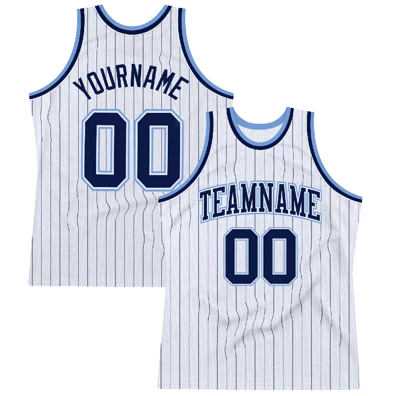 Basketball Jersey With Family Sets-Custom White Navy Pinstripe Navy-Light Blue Authentic Basketball Jersey