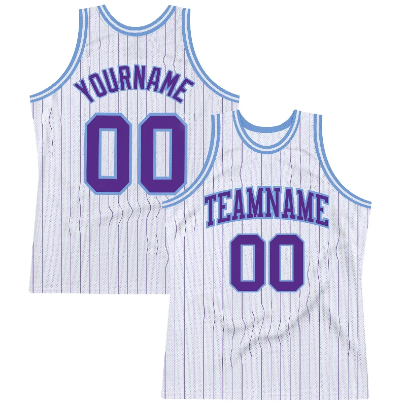 Basketball Jersey With Cotton Feel-Custom White Purple Pinstripe Purple-Light Blue Authentic Basketball Jersey