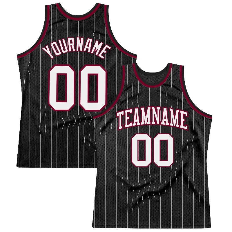 Basketball Jersey For Small Forwards-Custom Black White Pinstripe White-Maroon Authentic Basketball Jersey