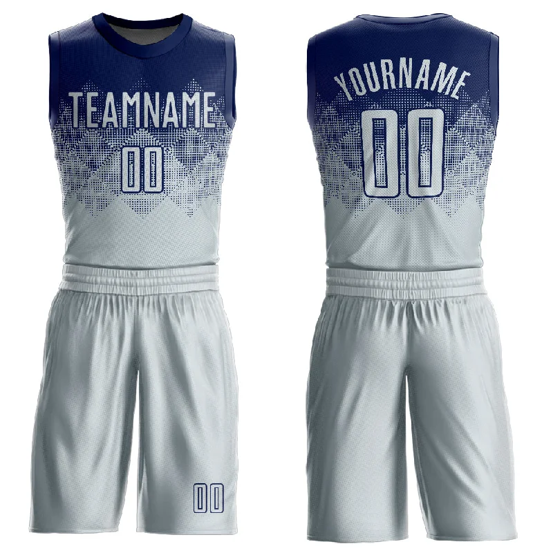 Basketball Jersey With Social Media Hype-Custom Navy Silver Round Neck Sublimation Basketball Suit Jersey