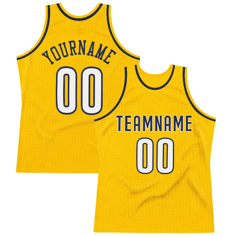 Basketball Jersey For Easy Washing-Custom Gold White-Navy Authentic Throwback Basketball Jersey