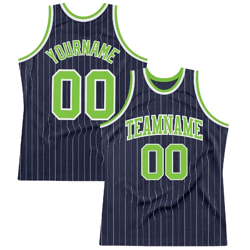 Basketball Jersey By Puma-Custom Navy White Pinstripe Neon Green Authentic Basketball Jersey