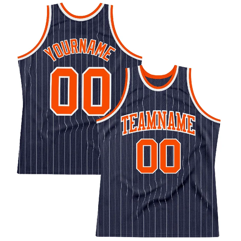 Basketball Jersey For Cold Seasons-Custom Navy White Pinstripe Orange Authentic Basketball Jersey