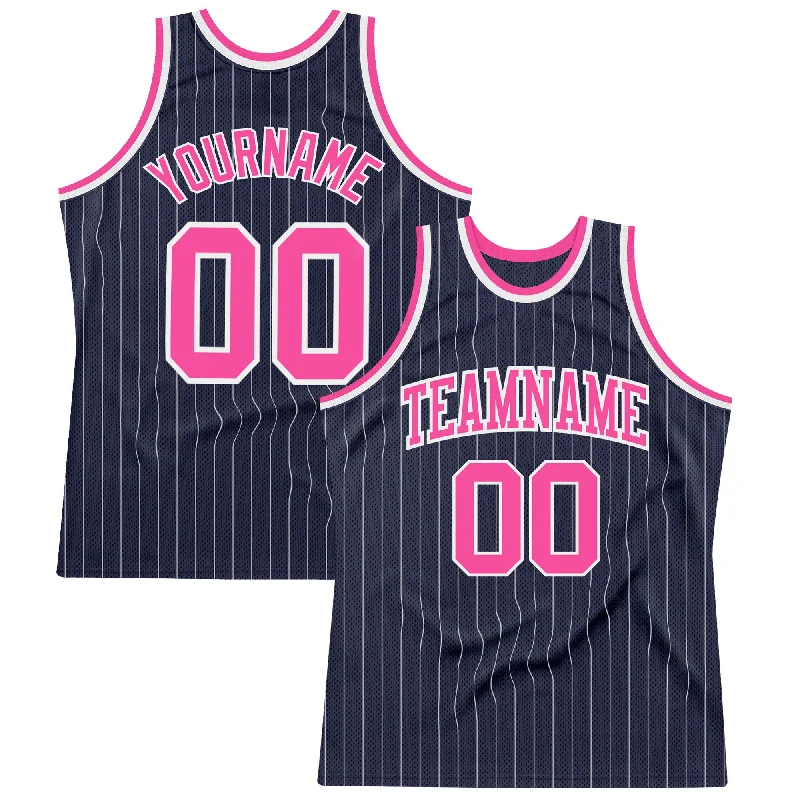 Basketball Jersey With Limited Editions-Custom Navy White Pinstripe Pink Authentic Basketball Jersey